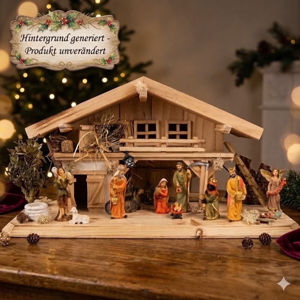 Traditionelle Weihnachtskrippe Roth inkl. 12-tlg. Figurensatz K 650-9, Maße Krippe: ca. 50 x 20 x 26 cm